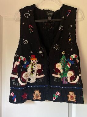 Holiday Embroidered Santa & Snowman Vest - Black